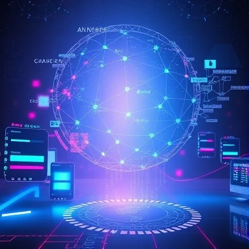 A vast, ethereal digital landscape at dawn with glowing data pathways and crystalline floating islands.